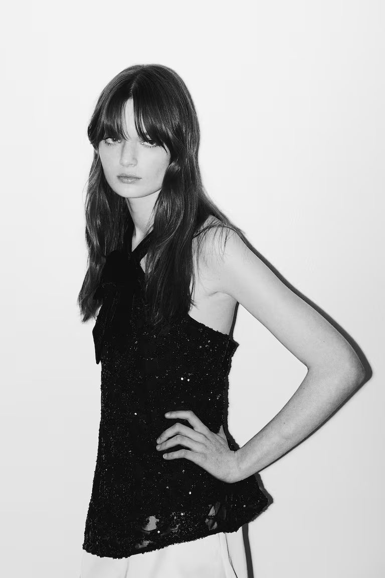 H&M SEQUINED BOW-FRONT TOP