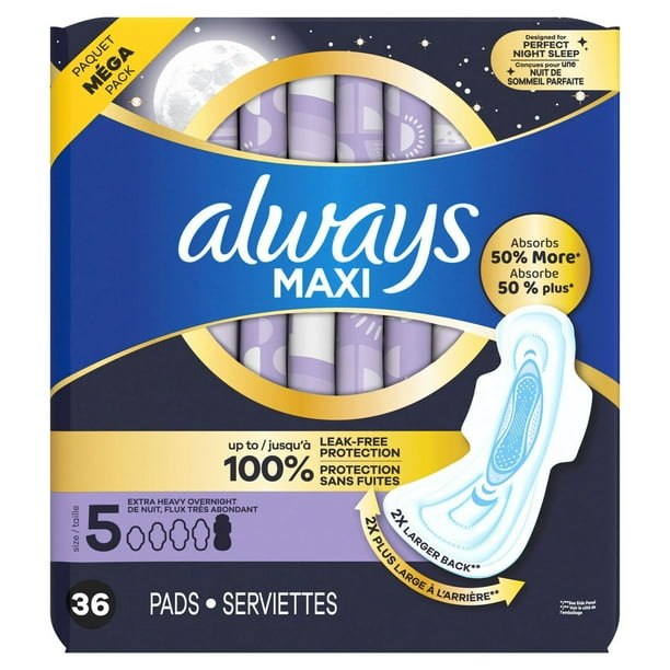 Always Maxi Overnight Pads with Wings for Women, Size 5, Extra Heavy Overnight Absorbency, Unscented, 36CT