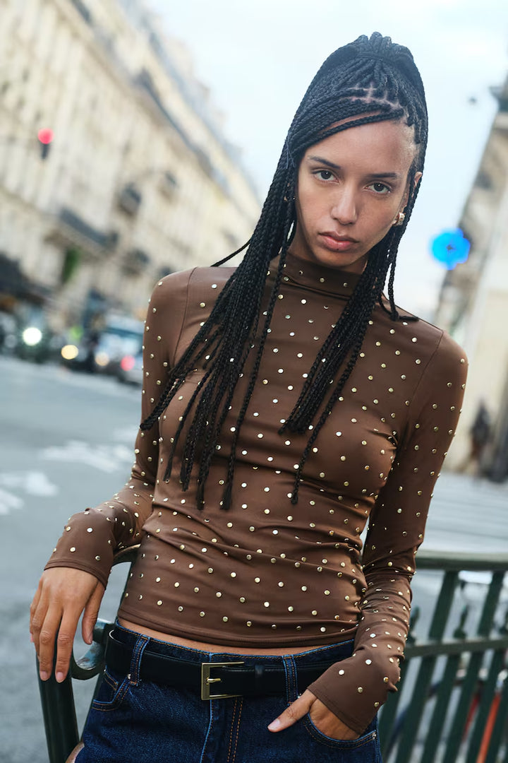 H&M STUDDED MOCK TURTLENECK TOP