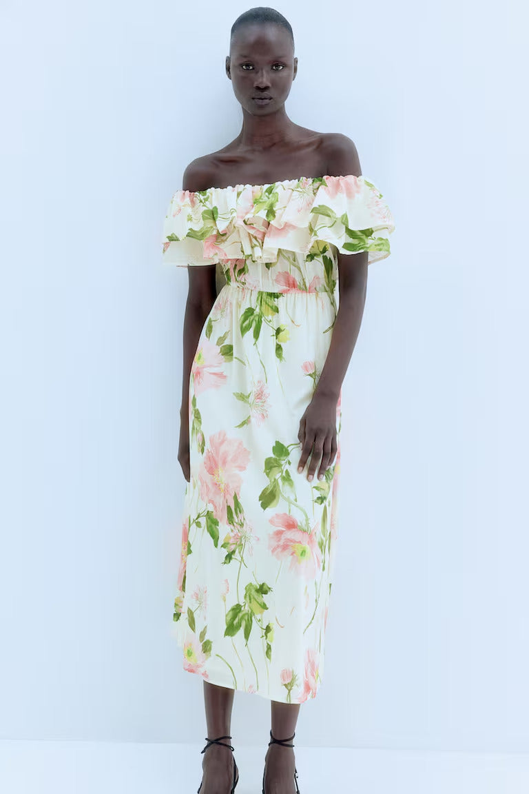 H&M Flounced Off-the-shoulder Dress