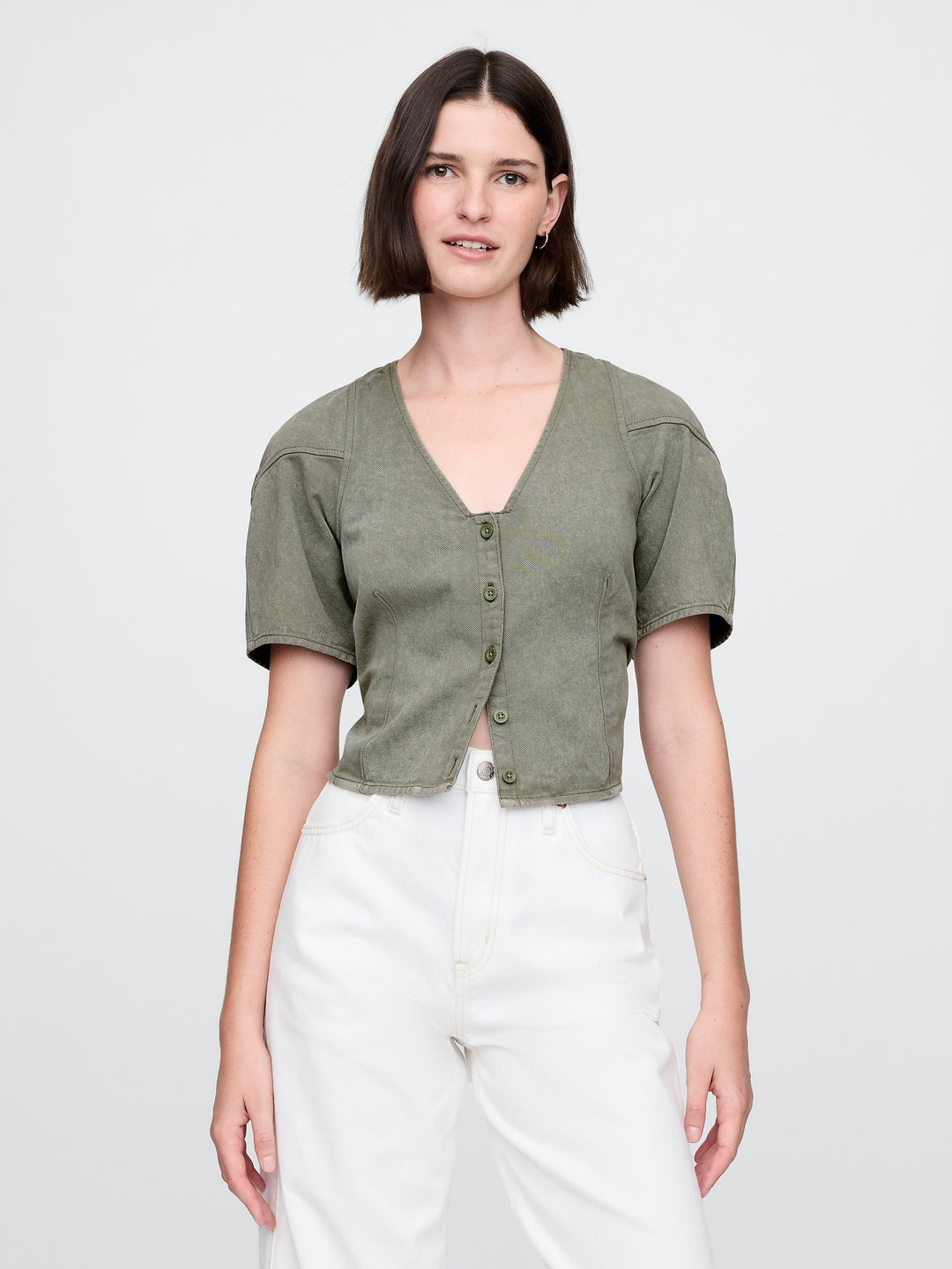 Gap Cropped Puff-Sleeve Denim Shirt