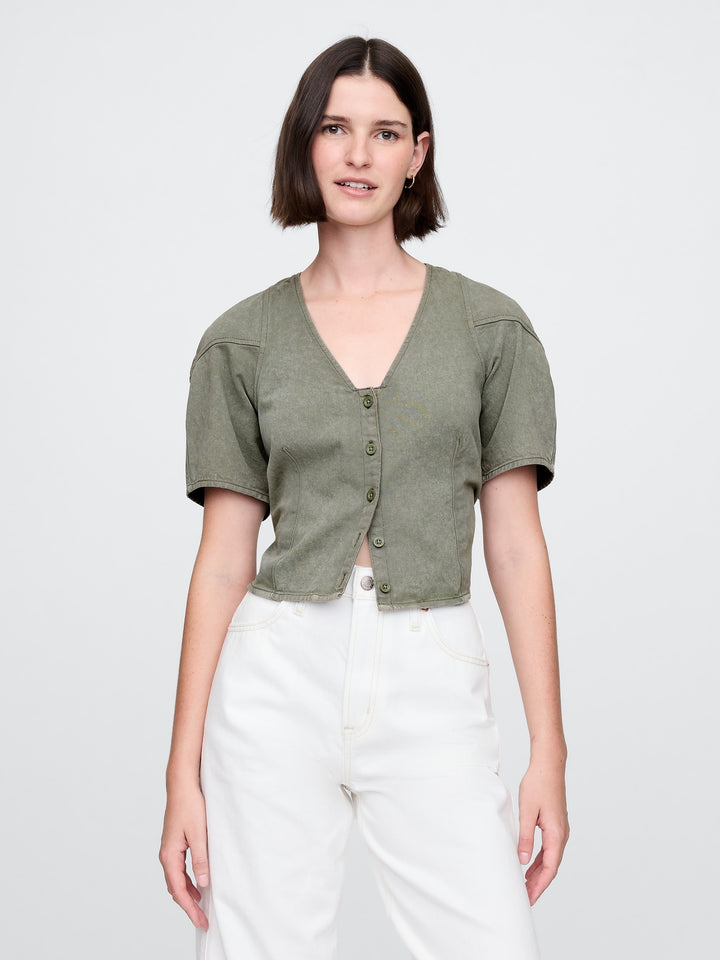 Gap Cropped Puff-Sleeve Denim Shirt