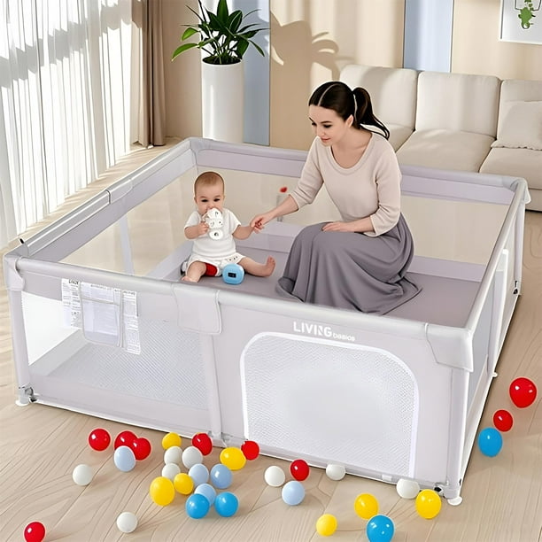 73"x61" Extra Large Baby Playpen, Kids Activity Safety Center with Zipper Door and Breathable Mesh ,Sturdy Play Yard for Babies and Toddlers, Light Grey