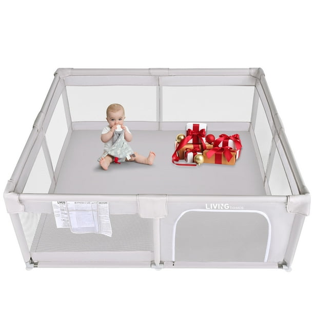 73"x61" Extra Large Baby Playpen, Kids Activity Safety Center with Zipper Door and Breathable Mesh ,Sturdy Play Yard for Babies and Toddlers, Light Grey