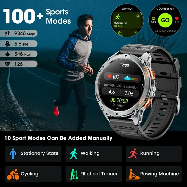 Mingdaln GPS Military Smart Watch for Men, with Compass/5ATM Waterproof/530mAh Large Battery/Answer & Make Calls, 1.43-Inch AMOLED Screen, fits for Android & Iphone Devices (Black)