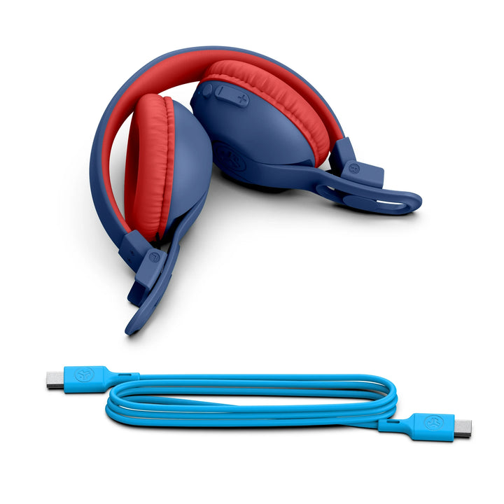 JLab JBuddies Studio 2 On-Ear Kids Wireless Headphones, Blue/Red, Volume Safe, Folding, Adjustable, Noise Isolation, Mic
