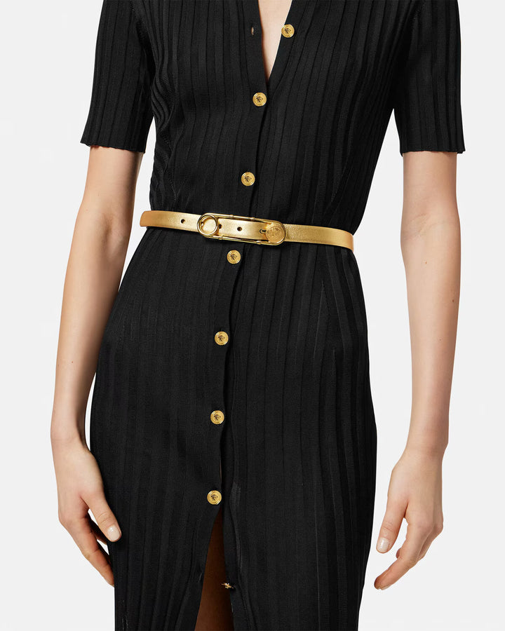 VERSACE Safety Pin Metallic Leather Belt 0.8"