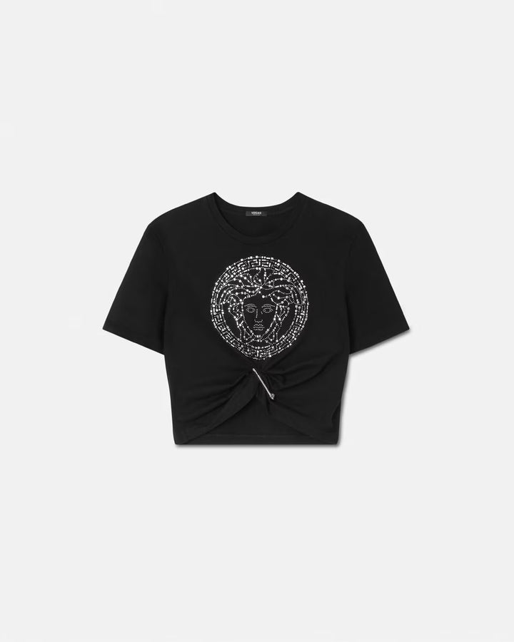 Versace Embellished Medusa Safety Pin Crop T-Shirt