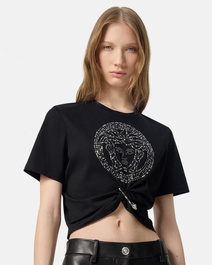 Versace Embellished Medusa Safety Pin Crop T-Shirt
