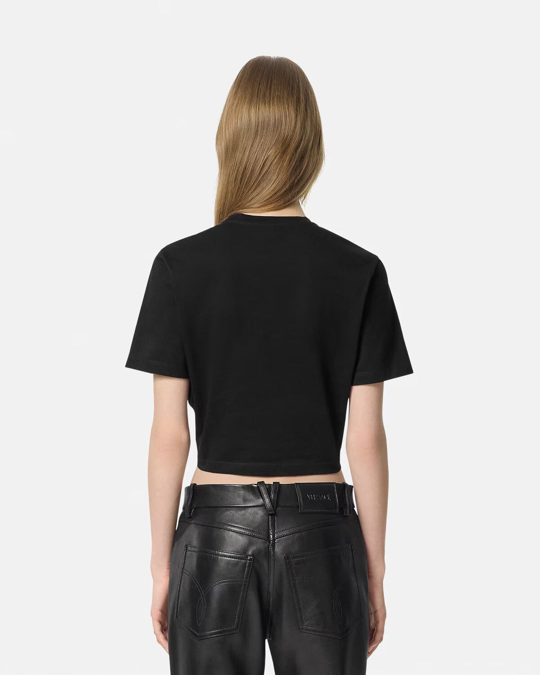 Versace Embellished Medusa Safety Pin Crop T-Shirt