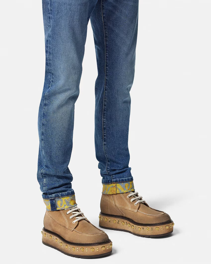 VERSACE Studded Stack Suede Lace-Up Boots