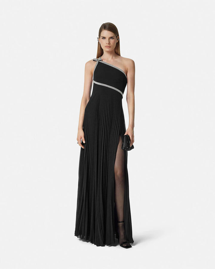 VERSACE CRYSTAL ONE-SHOULDER PLEATED GOWN