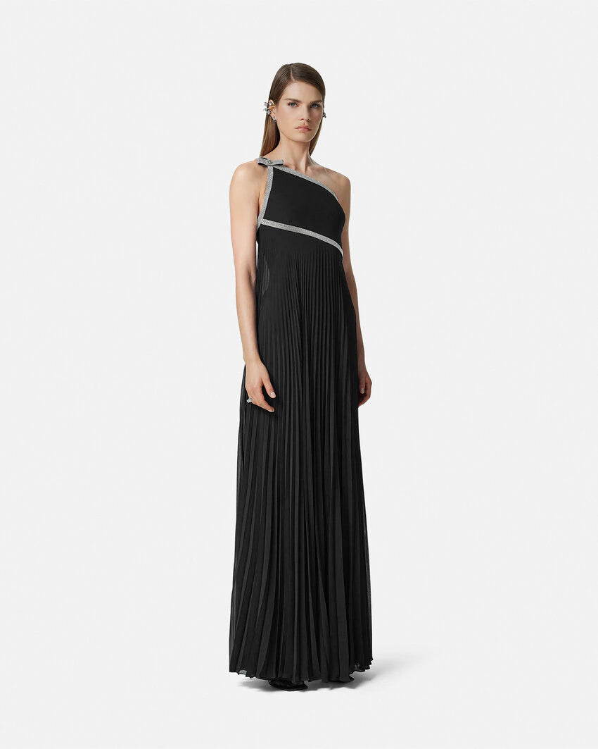 VERSACE CRYSTAL ONE-SHOULDER PLEATED GOWN