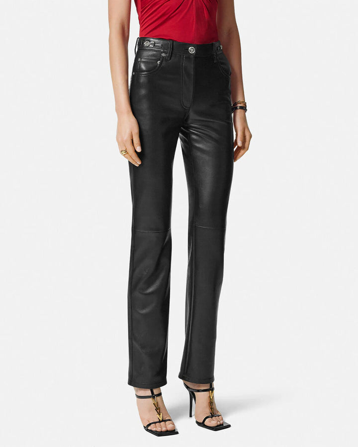 VERSACE PLONGÉ LEATHER STRAIGHT-FIT PANTS