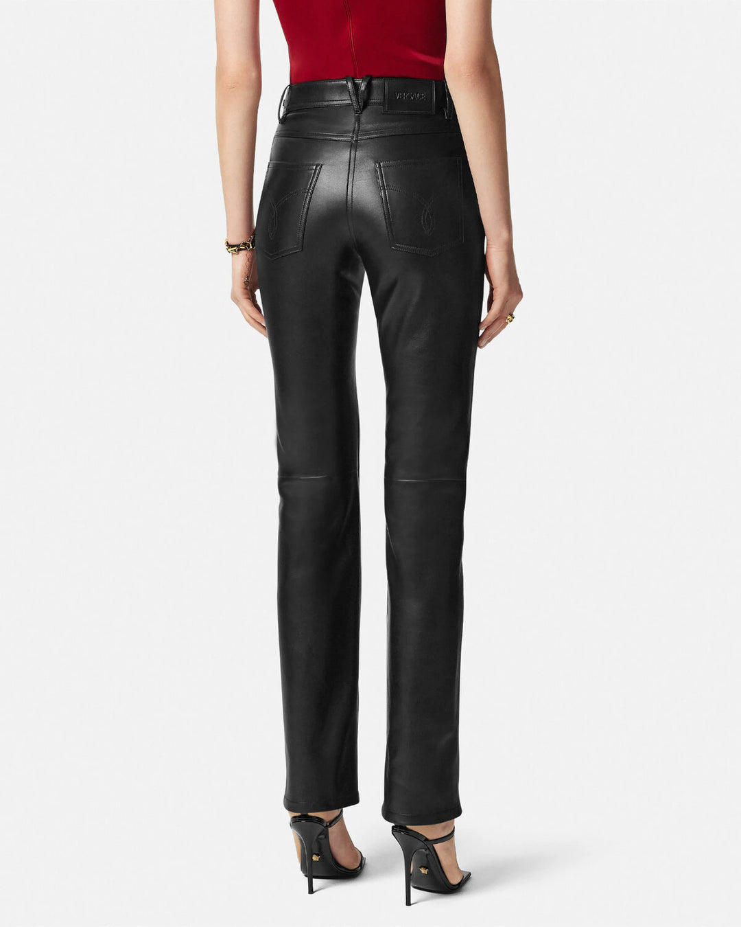 VERSACE PLONGÉ LEATHER STRAIGHT-FIT PANTS