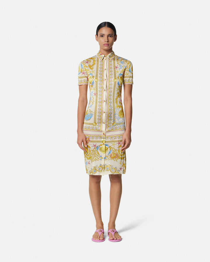 VERSACE UNDERWATER BAROCCO FITTED MIDI SHIRT DRESS