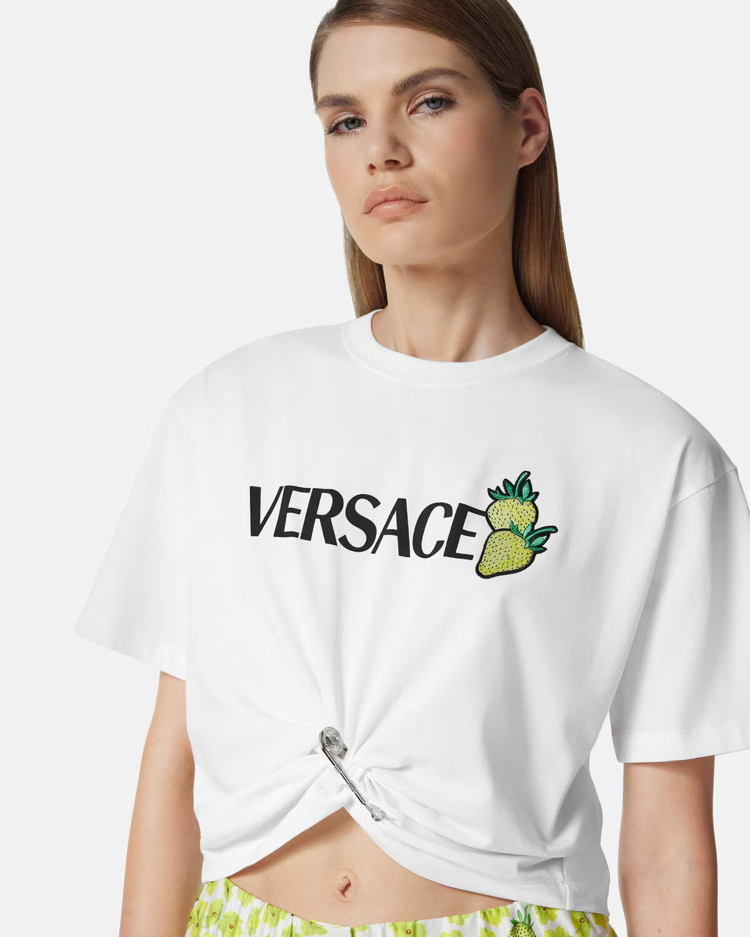 Versace Strawberry Garden Safety Pin Crop T-Shirt