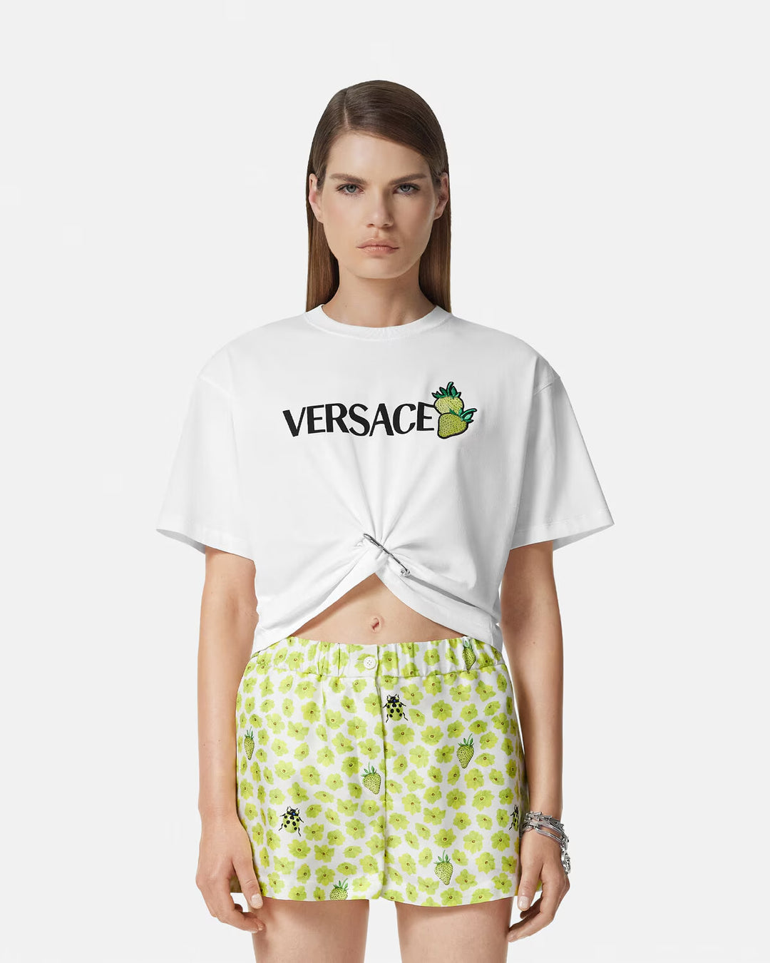 Versace Strawberry Garden Safety Pin Crop T-Shirt