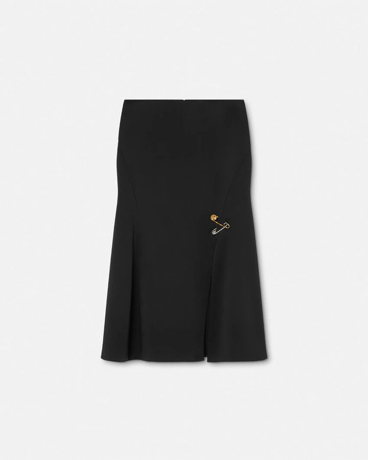 VERSACE SAFETY PIN FLOWY SATIN MIDI SKIRT