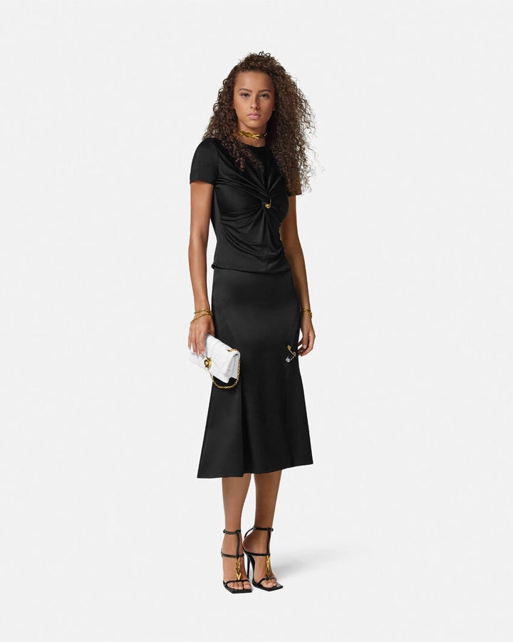 VERSACE SAFETY PIN FLOWY SATIN MIDI SKIRT