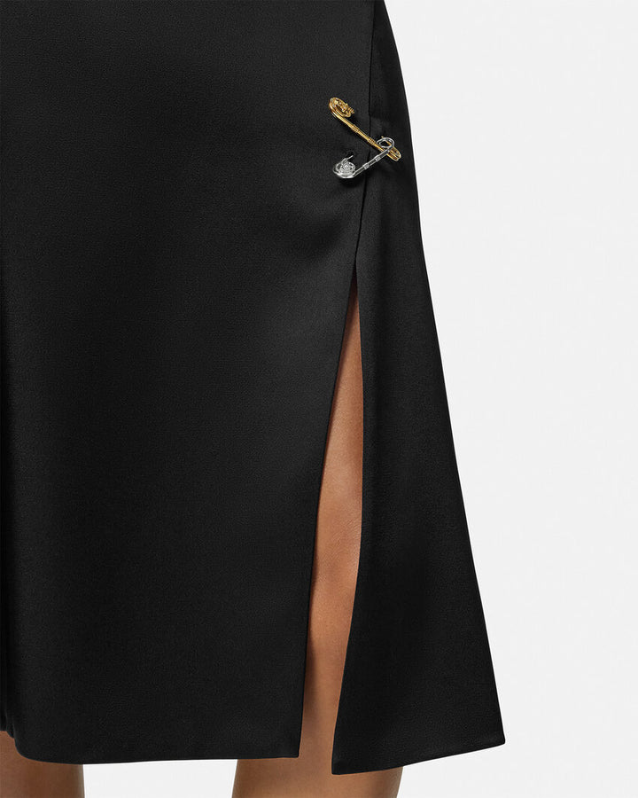 VERSACE SAFETY PIN FLOWY SATIN MIDI SKIRT