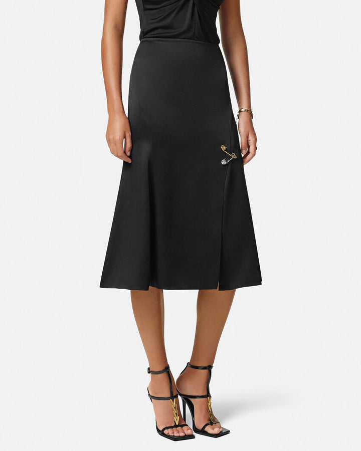 VERSACE SAFETY PIN FLOWY SATIN MIDI SKIRT