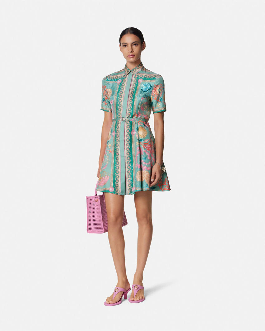VERSACE UNDERWATER BAROCCO SILK MINI SHIRT DRESS