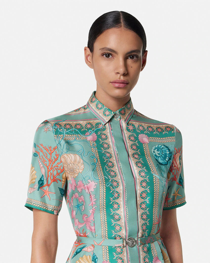 VERSACE UNDERWATER BAROCCO SILK MINI SHIRT DRESS