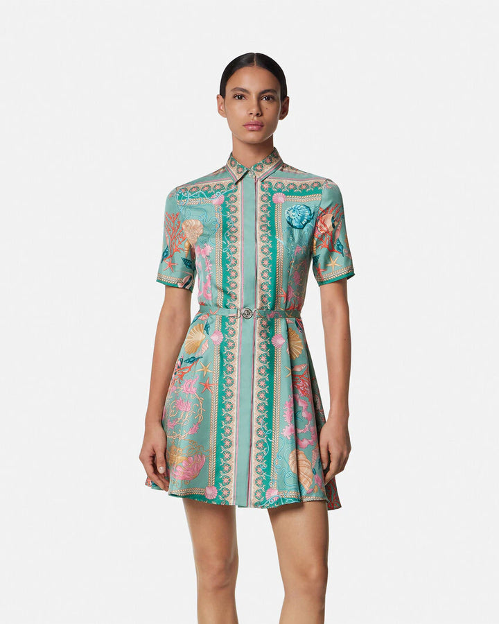 VERSACE UNDERWATER BAROCCO SILK MINI SHIRT DRESS