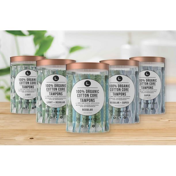 L. Cotton Tampons Light/Regular Absorbency Multipack, Free from Chlorine Bleaching, Pesticides, Fragrances, or Dyes, 30CT