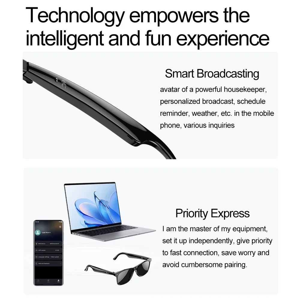 Mingdaln Wireless Bluetooth Glasses for Men and Women, Smart Glasses with Open-Ear Voice Control & Calling, Anti-Blue Light, AI Assistant & Translation for Traveling and Driving