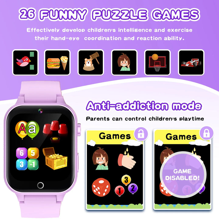 Vakzovy 1.54" Smart Watch for Girls Smart Watch for Kids with Camera Games Pedometer Video MP3 Flashlights Calculator Alarm Clock Children Touch Screen Purple