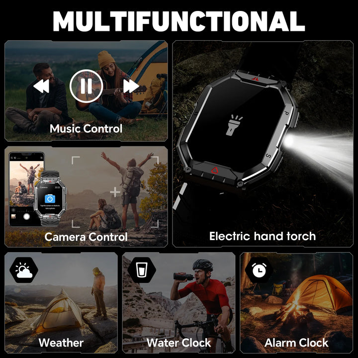 Mingdaln 2.1-Inch Men's Military Smartwatch with Fitness Tracker, Answer/Dial/100+ Sport Modes, 1ATM Water Resistant, Mountain Travel Pedometer Watch fits for Android and IPhone Devices (Black)