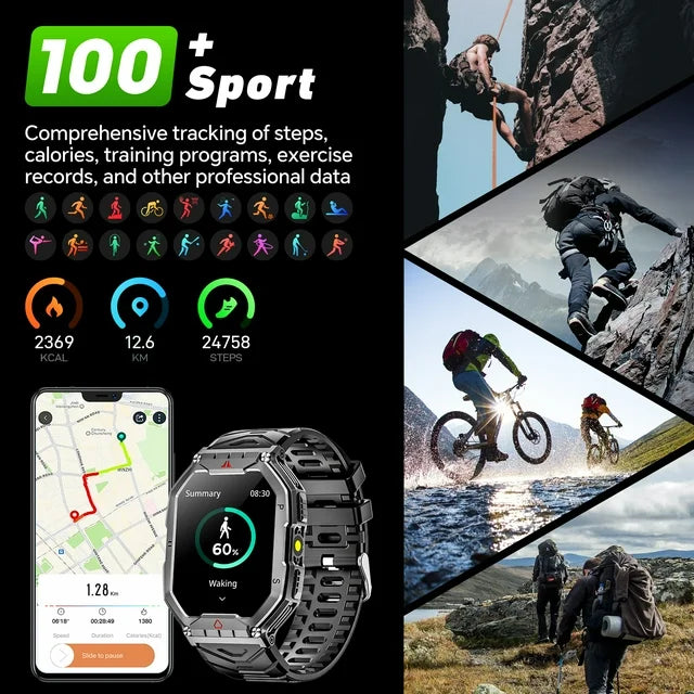 Mingdaln 2.1-Inch Men's Military Smartwatch with Fitness Tracker, Answer/Dial/100+ Sport Modes, 1ATM Water Resistant, Mountain Travel Pedometer Watch fits for Android and IPhone Devices (Black)