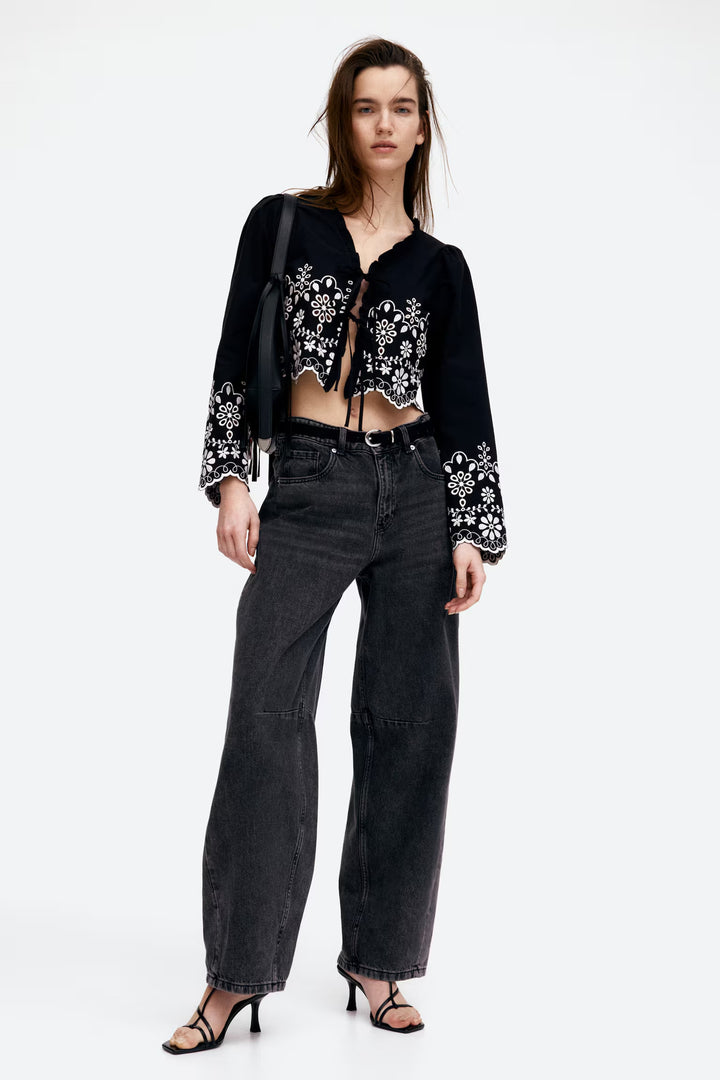 H&M Cotton Blouse with Eyelet Embroidery
