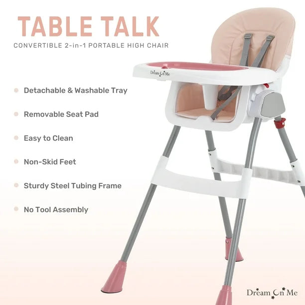 Dream On Me Portable 2 In 1 Table Talk High Chair |Convertible |Compact High Chair |Light Weight Portable Highchair