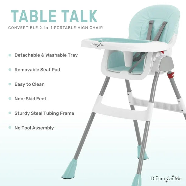 Dream On Me Portable 2 In 1 Table Talk High Chair |Convertible |Compact High Chair |Light Weight Portable Highchair