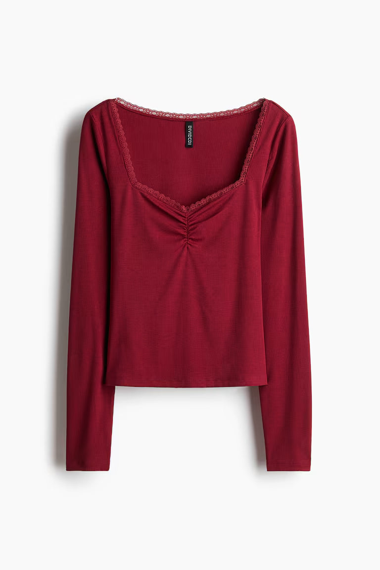 H&M LACE-TRIMMED RIBBED TOP