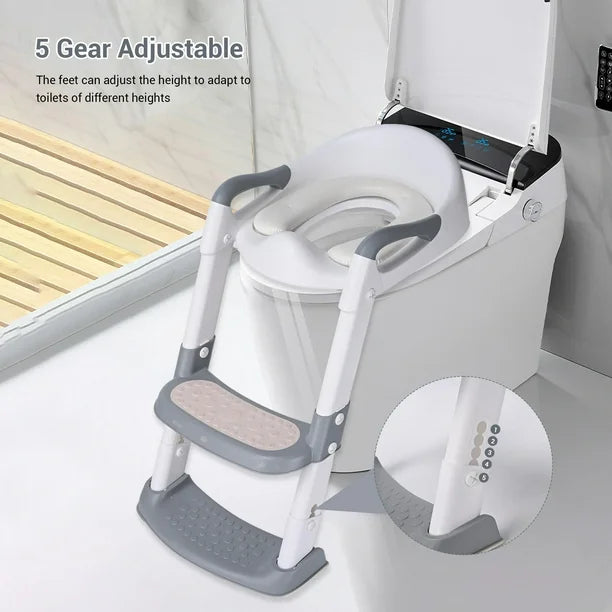 LIVINGbasics Foldable Potty Training Toilet Seat with Anti-Slip Step Stool Ladder and Soft Padded Cushion, Toddler Baby Toilet Potty Chair with 5 Adjustable Height