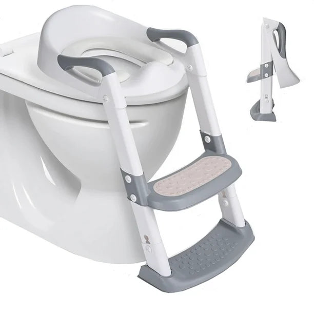 LIVINGbasics Foldable Potty Training Toilet Seat with Anti-Slip Step Stool Ladder and Soft Padded Cushion, Toddler Baby Toilet Potty Chair with 5 Adjustable Height