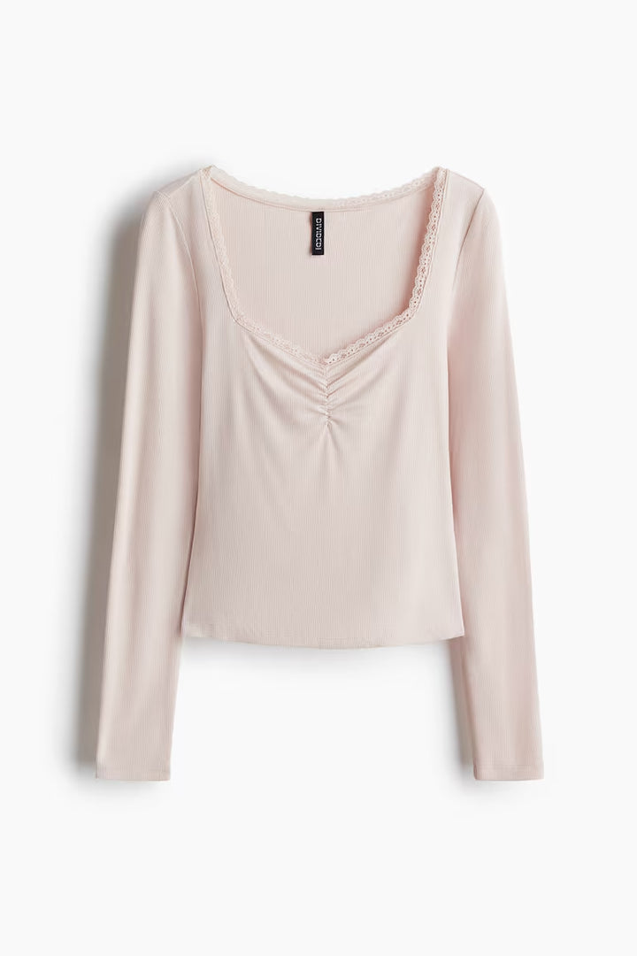 H&M LACE-TRIMMED RIBBED TOP