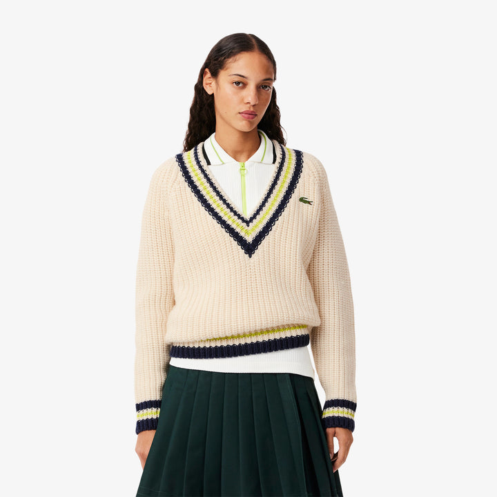 Lacoste Women's Oversized Wool V-Neck Tennis Sweater