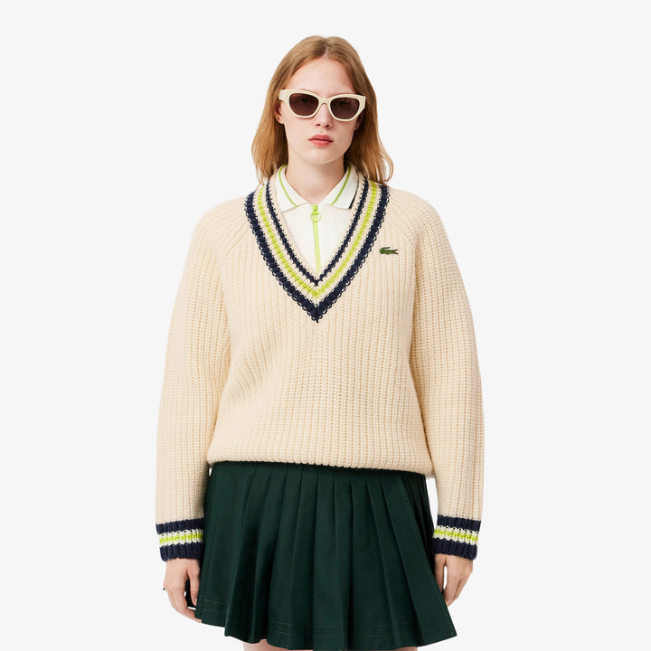 Lacoste Women's Oversized Wool V-Neck Tennis Sweater