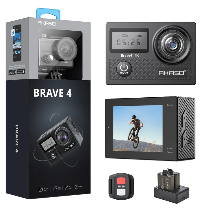 AKASO Brave 4 4K 20MP WiFi Action Camera, Ultra HD with EIS 30m Underwater Waterproof Camera Remote Control 5X Zoom Underwater Camcorder with 2 Batteries and Helmet Accessories Kit