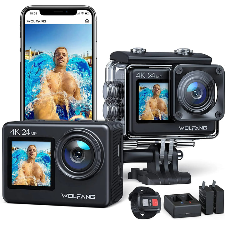 WOLFANG Action Camera 24MP 4K 40M Waterproof, EIS WiFi Adjustable Wide Angle