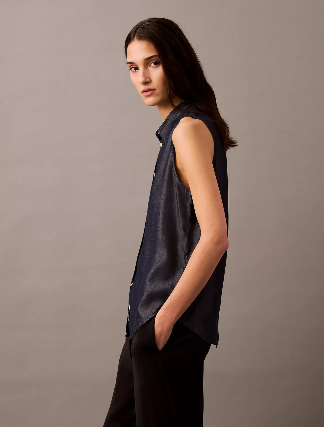 Calvin Klein Sleeveless Denim Button-Down Shirt