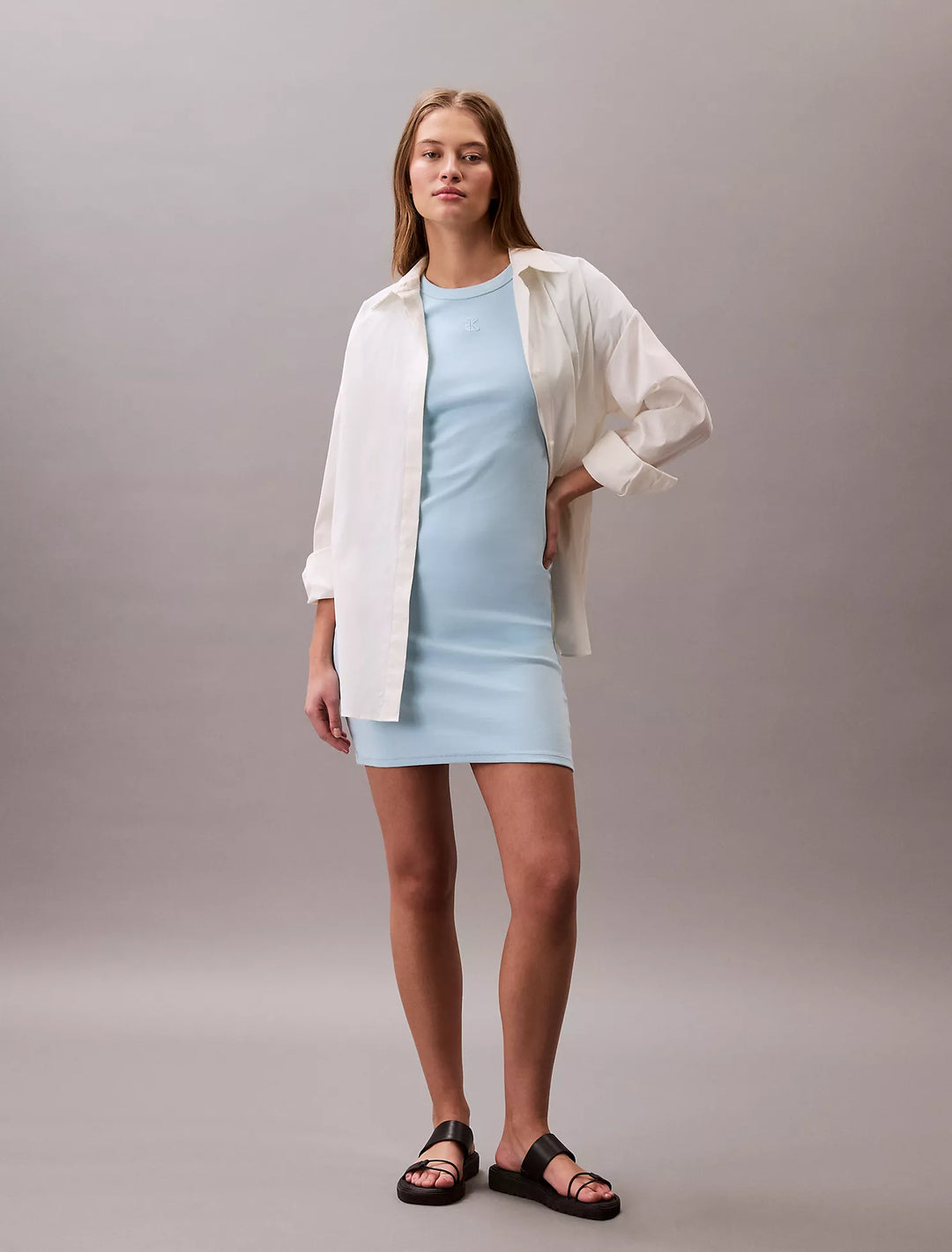 Calvin Klein Cotton Contour Rib Monogram Logo Mini Dress