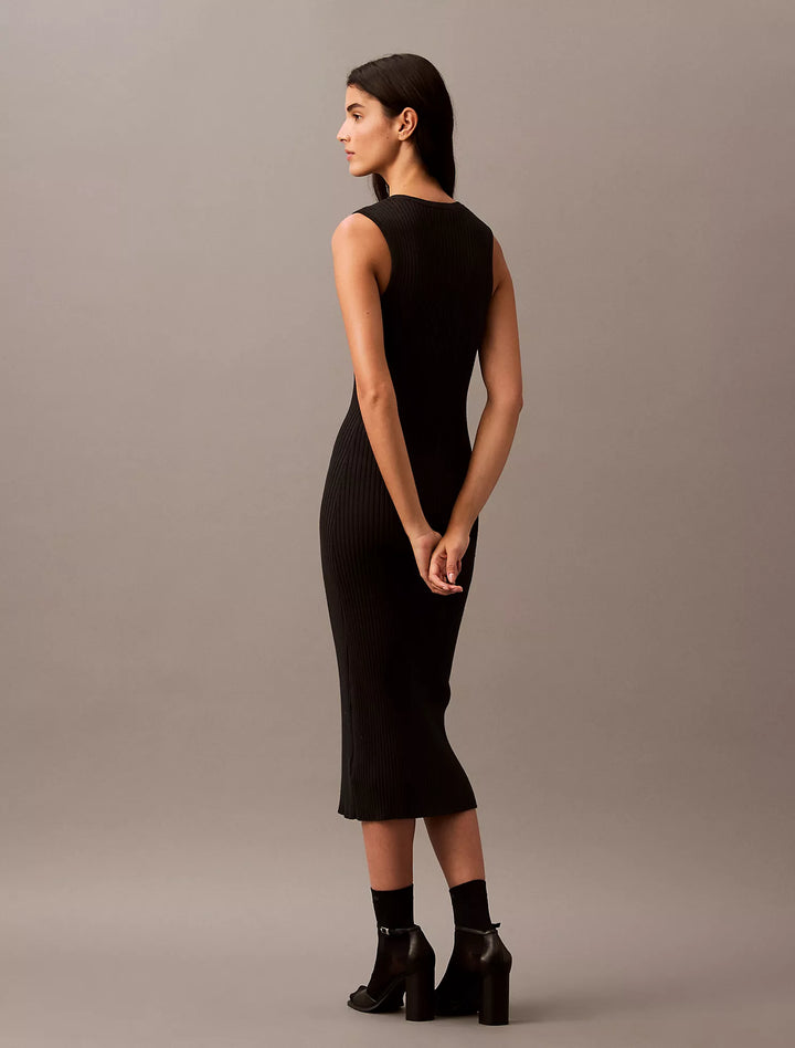 Calvin Klein Smooth Cotton Rib Sweater Midi V-Neck Dress