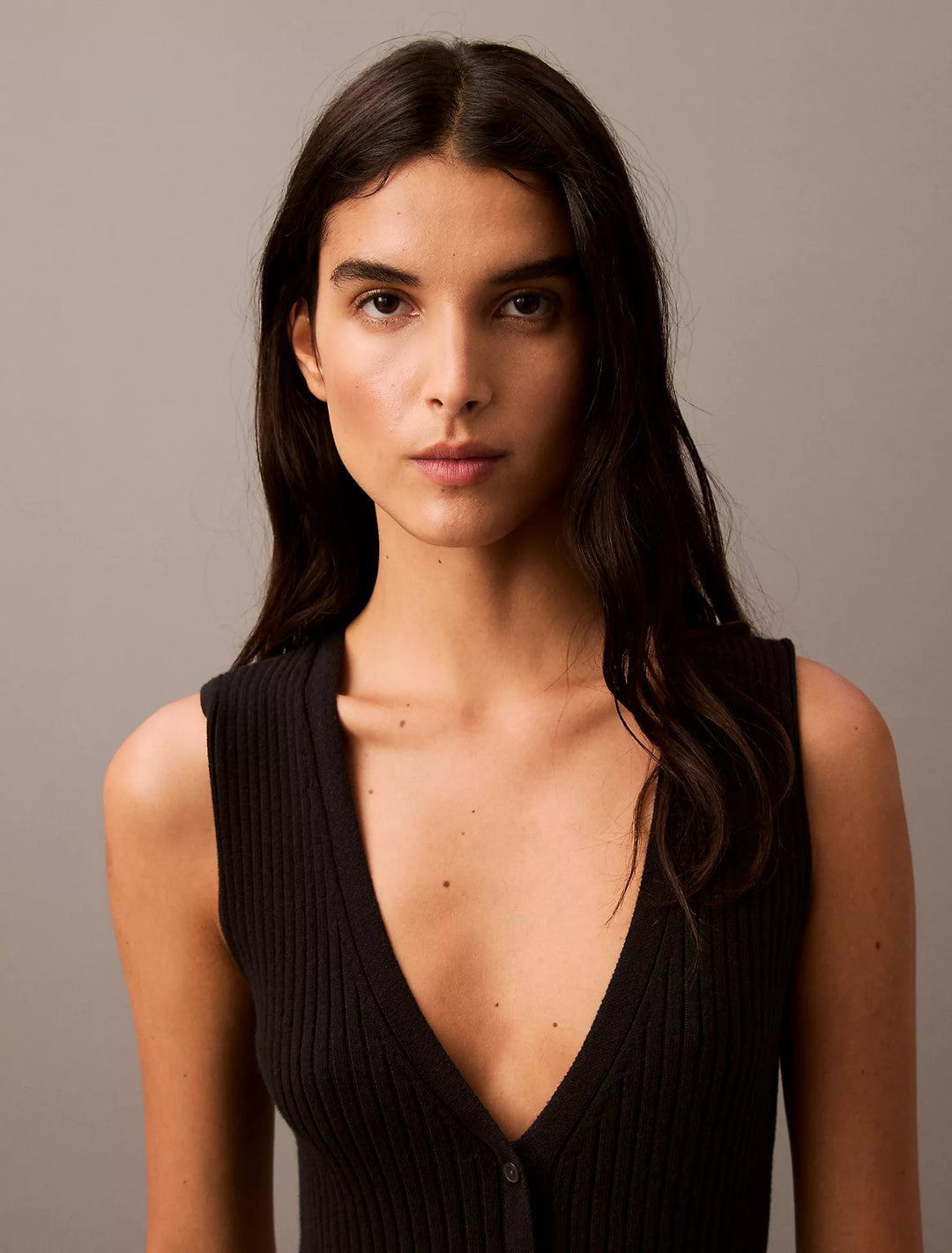 Calvin Klein Smooth Cotton Rib Sweater Midi V-Neck Dress