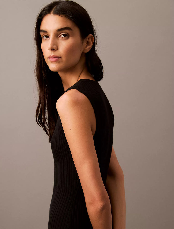 Calvin Klein Smooth Cotton Rib Sweater Midi V-Neck Dress